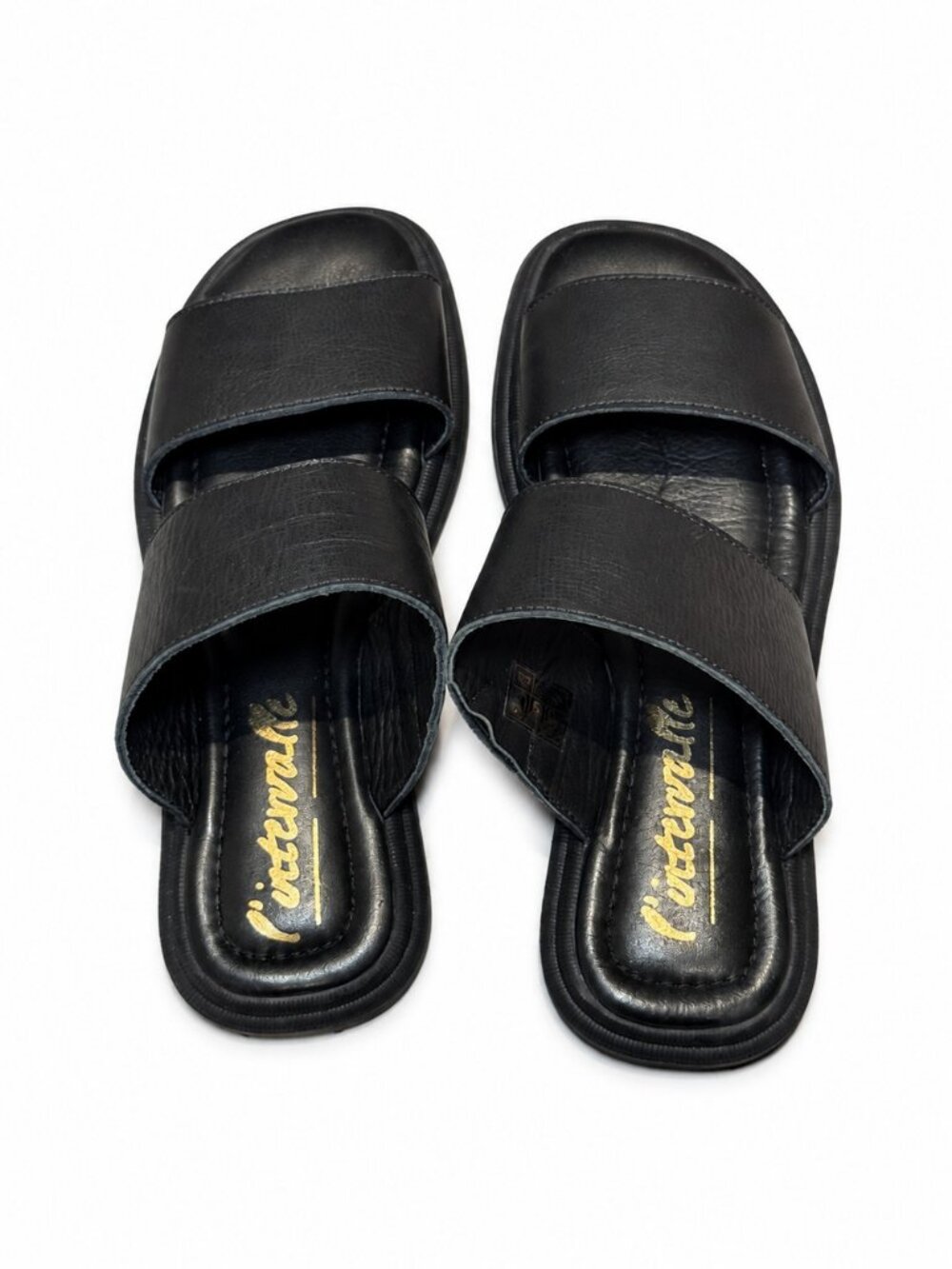 L'Intervalle Black Leather Two Strap Slides Size 6